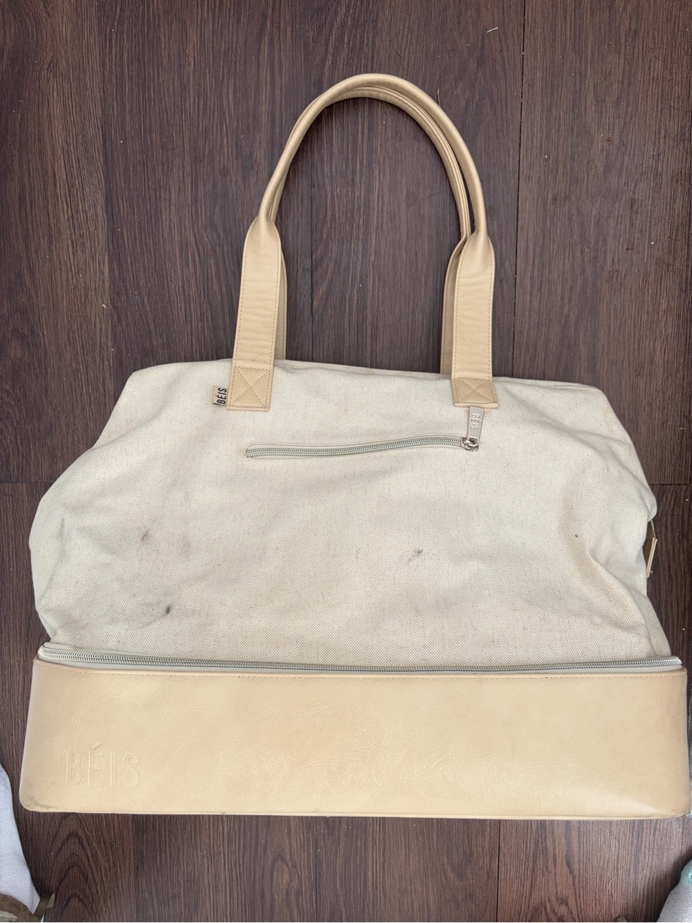 Beis Canvas & Pleather Large Weekender Tote in Cream and Tan